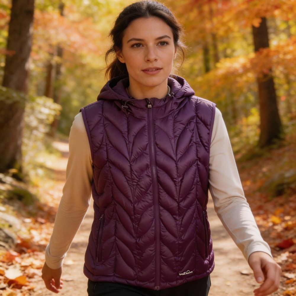 EDDIE BAUER WOMENS GOOSE DOWN HOODED VEST PURPLE SIZE XL